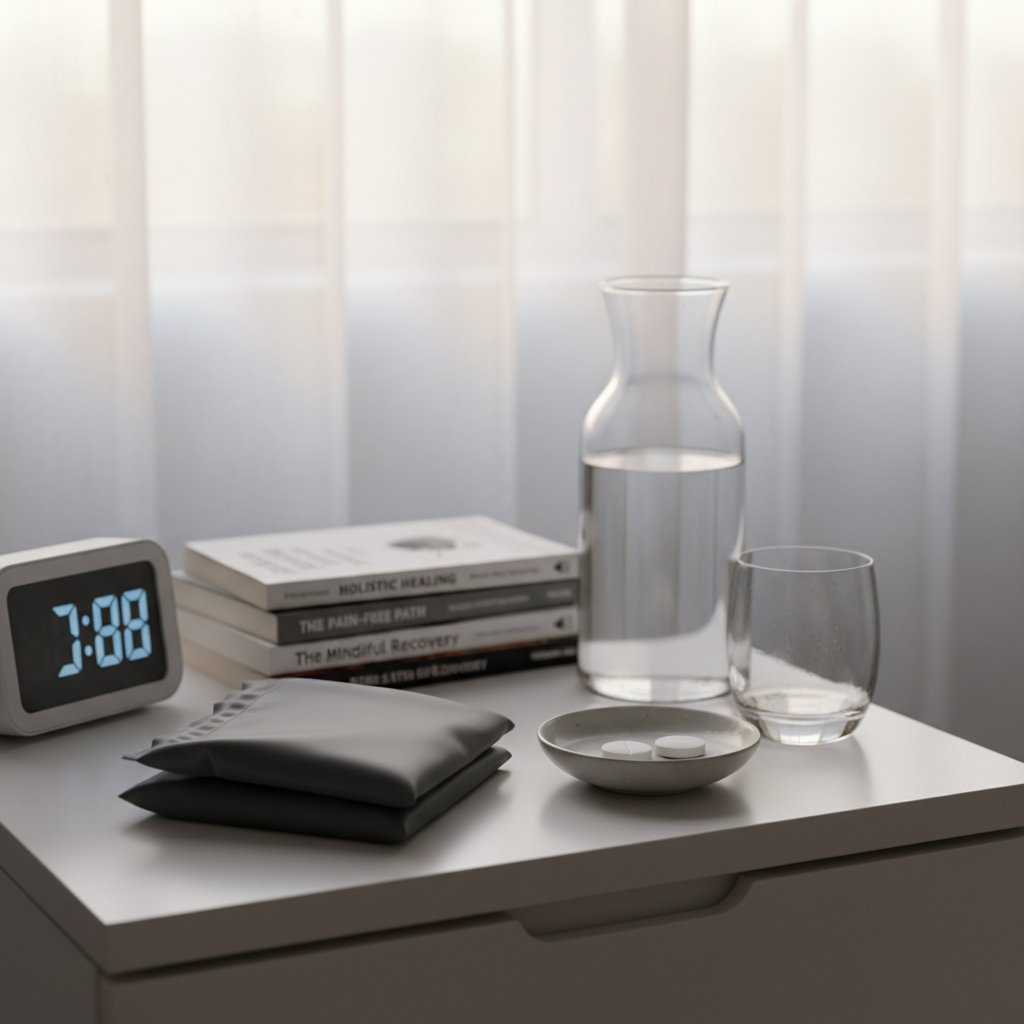 A close-up, photographic realism image of a tidy bedside setup designed for gentle pain relief. On a matte white nightstand, a digital alarm clock with soft blue numbers sits beside a small stack of neatly arranged paperback books about health, a dark gray gel ice pack folded precisely, and a simple ceramic dish containing two unbranded white tablets. A carafe of water and matching glass add subtle reflections. Diffused late-afternoon light filters through sheer curtains in the background, creating a quiet, soothing atmosphere with soft, elongated shadows. The composition follows the rule of thirds, with the ice pack and tablets in crisp focus and the rest gently blurred. Colors are muted and calming—whites, grays, pale blues—conveying a professional, research-backed approach to managing everyday pain in a modern home setting.