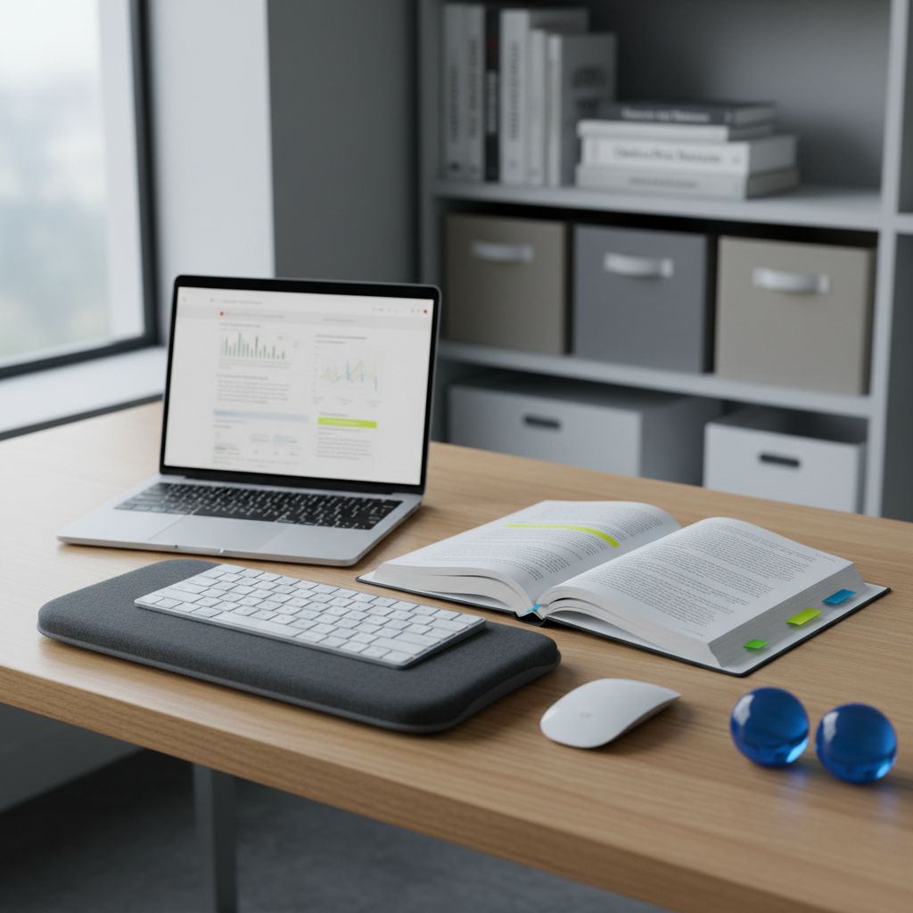 A professionally styled desk scene illustrating research-backed pain management, captured in photographic realism. On a pale oak desk, an open laptop displays an abstract, out-of-focus medical chart, while a thick, tabbed health journal lies open with neatly highlighted lines. A flexible, ergonomic wrist support rests in front of a minimalist wireless keyboard, and a pair of gel-filled stress relief balls sit off to the side. Cool, indirect natural light from a nearby window illuminates the workspace, creating crisp but gentle shadows and a sense of clarity. In the softly blurred background, shelves hold neatly arranged medical textbooks and neutral-toned storage boxes. Shot from a slightly elevated angle with moderate depth of field, the composition feels organized and authoritative, evoking a calm, professional atmosphere focused on evidence-based tools for easing pain without any visible people.