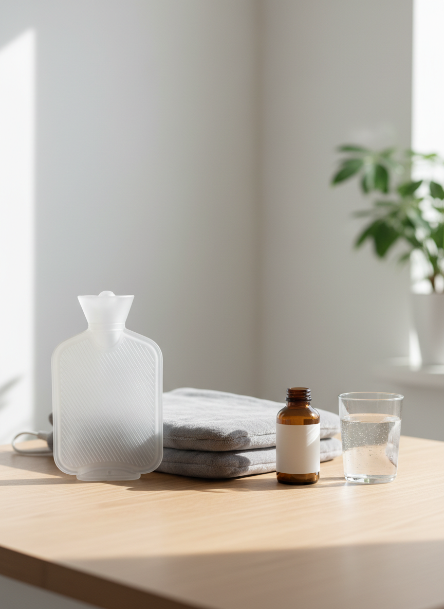 A neatly arranged still life of pain relief essentials on a smooth light-wood tabletop, photographed in clean, clinical realism. A frosted glass hot water bottle with a textured surface rests beside a neatly folded soft gray heating pad and a small amber pill bottle with a clearly blank, generic label. A glass of clear water sits nearby with tiny condensation droplets visible. Soft morning daylight enters from the left through an unseen window, creating gentle, natural shadows and subtle reflections on the glass. The background is an out-of-focus, bright, minimalist home interior with white walls and a hint of greenery, evoking calm reassurance. Shot at eye level with a shallow depth of field, the composition is balanced, spacious, and professional, emphasizing comfort and evidence-based self-care without any human presence.